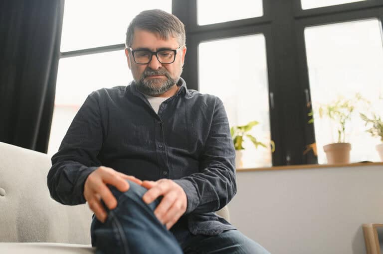 Middle aged man sitting on his couch with knee pain